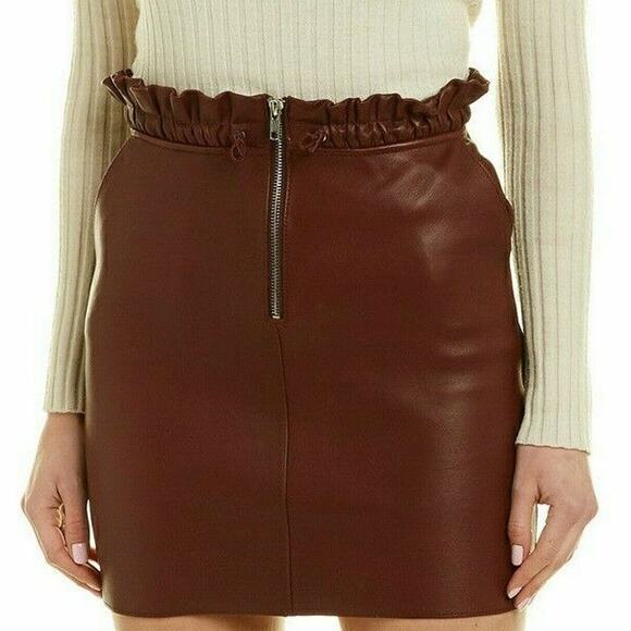 MAJE Jet zipped leather burgundy pencil straight mini paperbag skirt Size 1 NEW - Picture 4 of 8